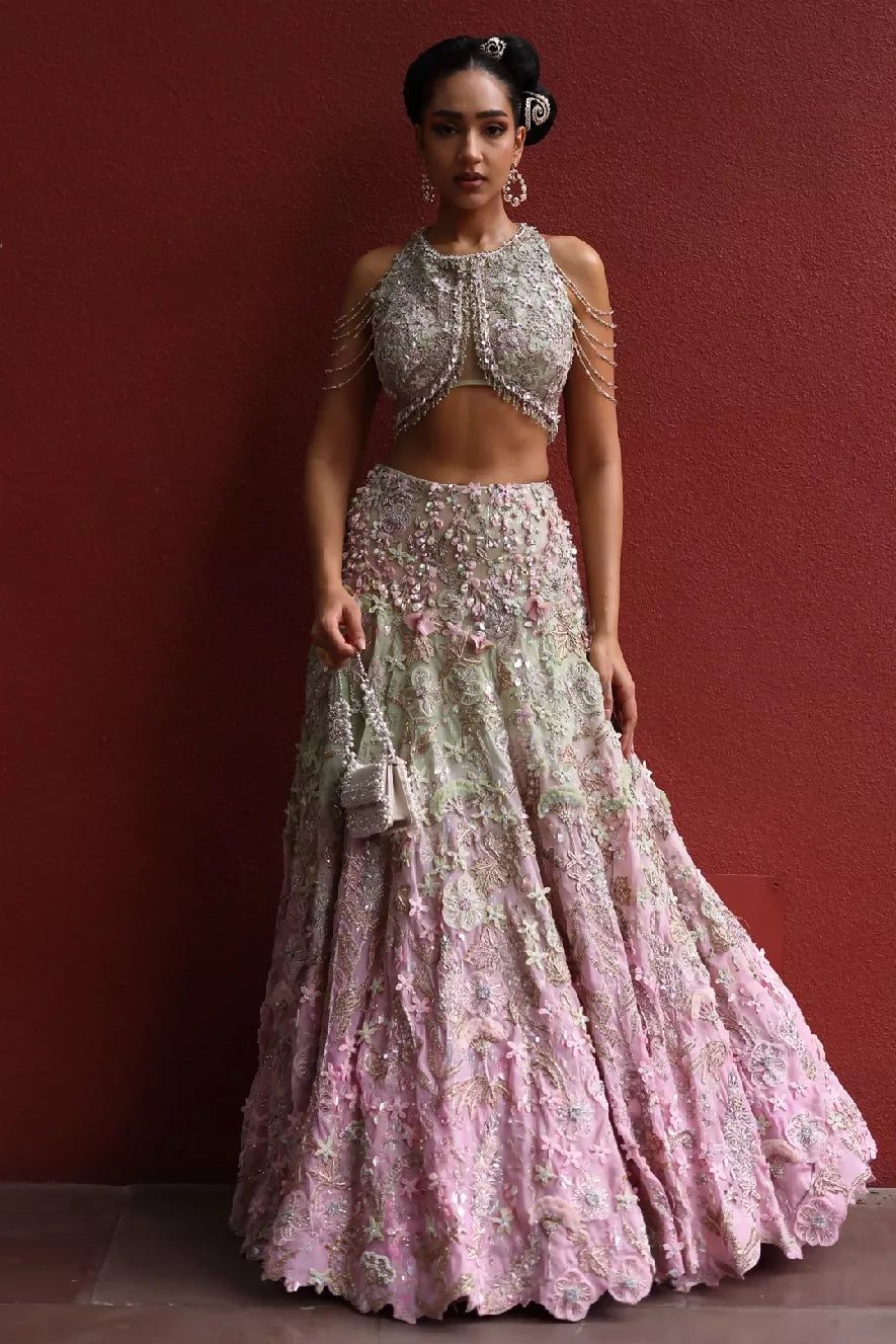 Sakura Lehenga Set Pastel Green & Peppermint Pink