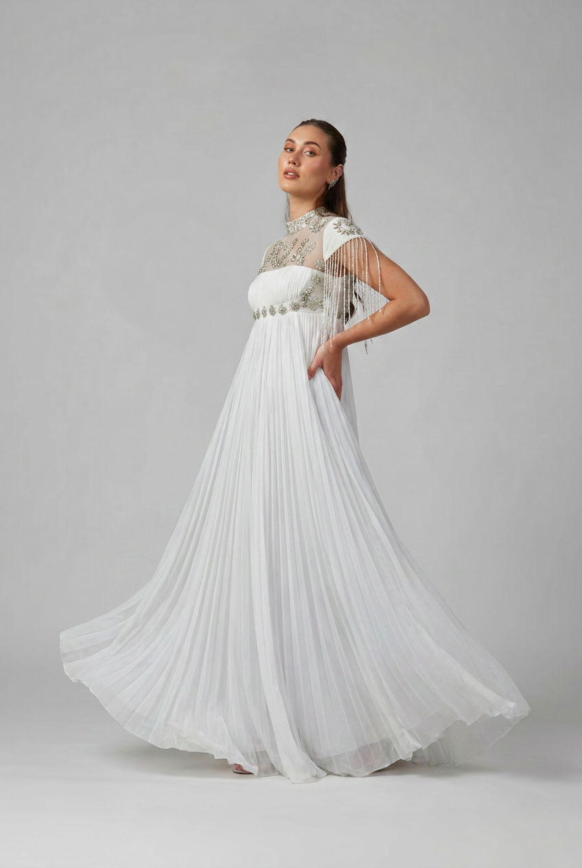 For her embellished gown