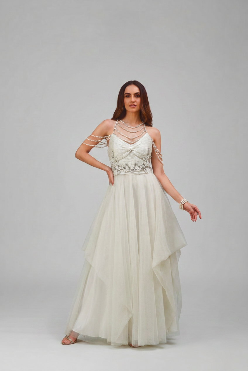 For her tulle pearl gown