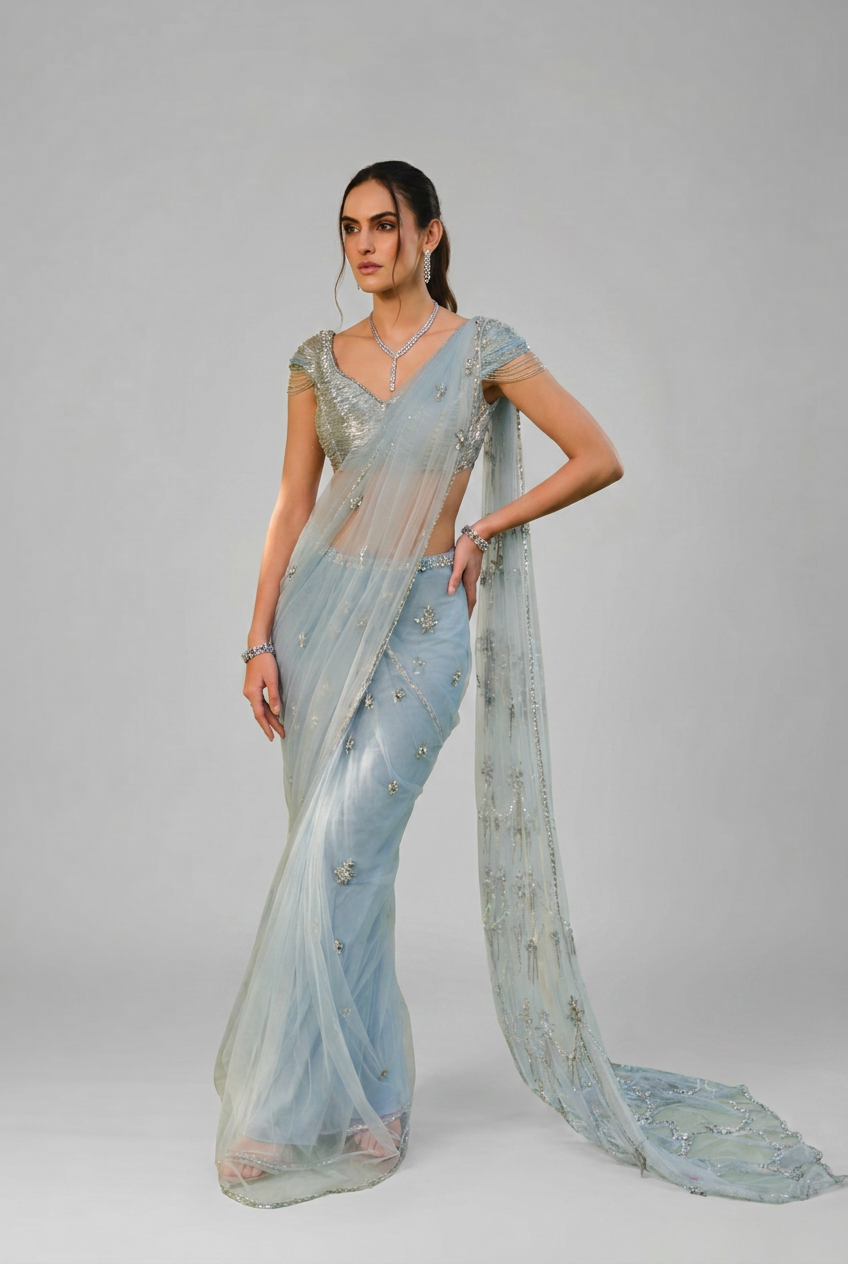 The sunset soirée blue ombre saree set