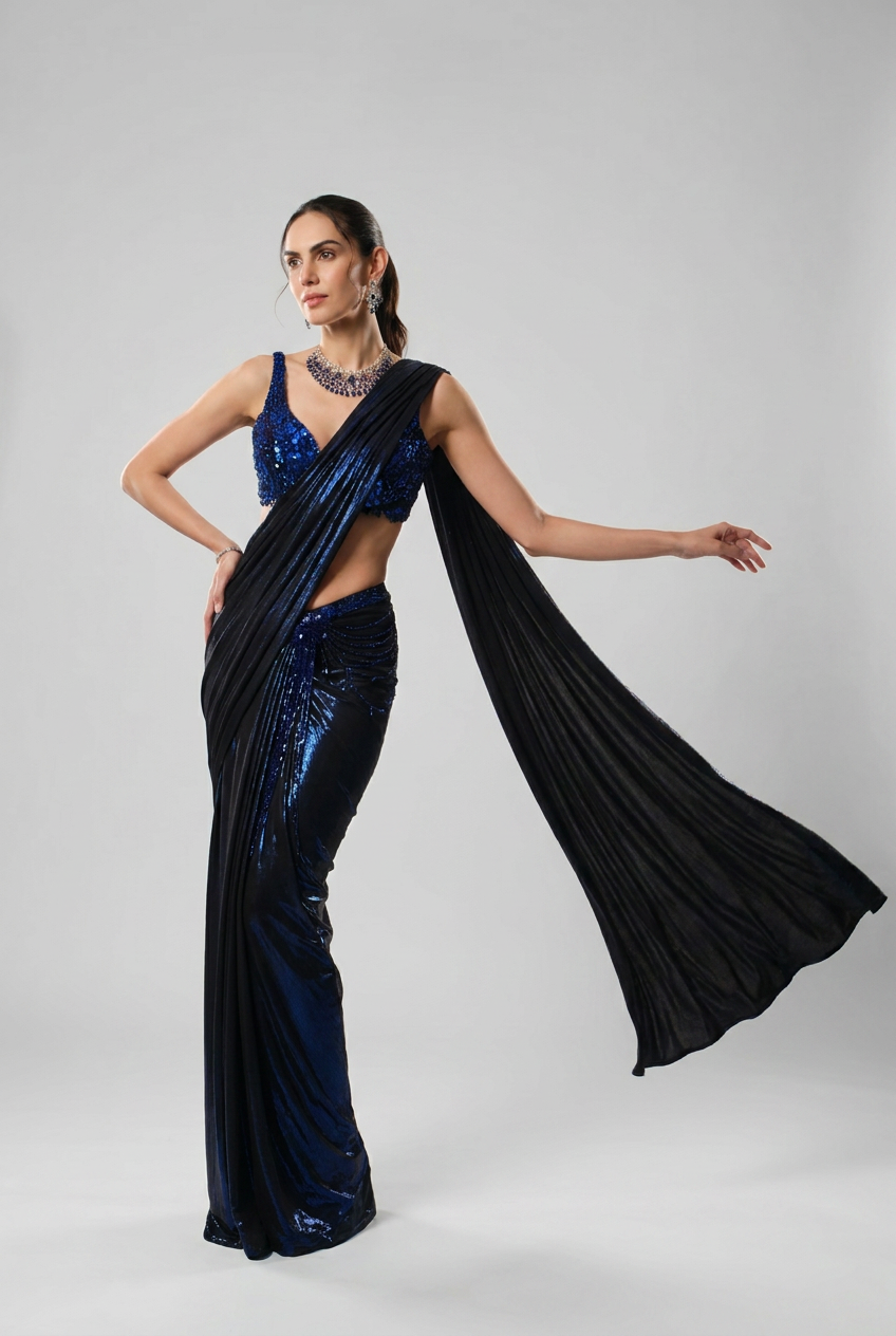 The beside her midnight blue saree set