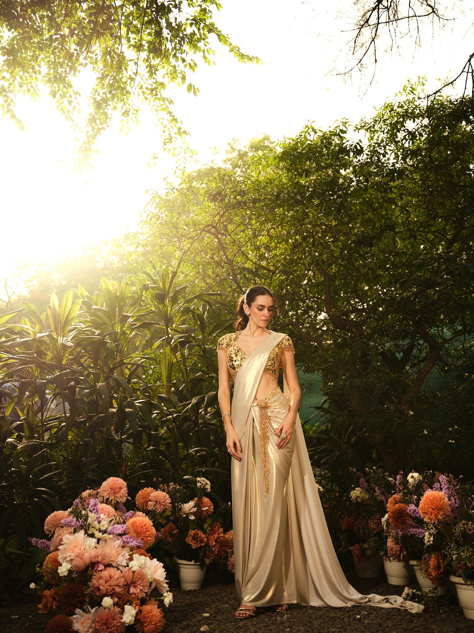 The beside her champagne saree set