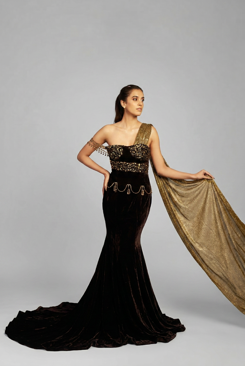 Velvet Scalp Blouse With Fishtail Skirt