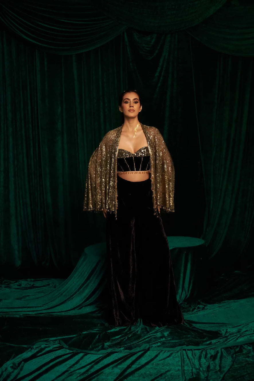 Velvet Flare Pants And Blouse Paired With Cape Jacket