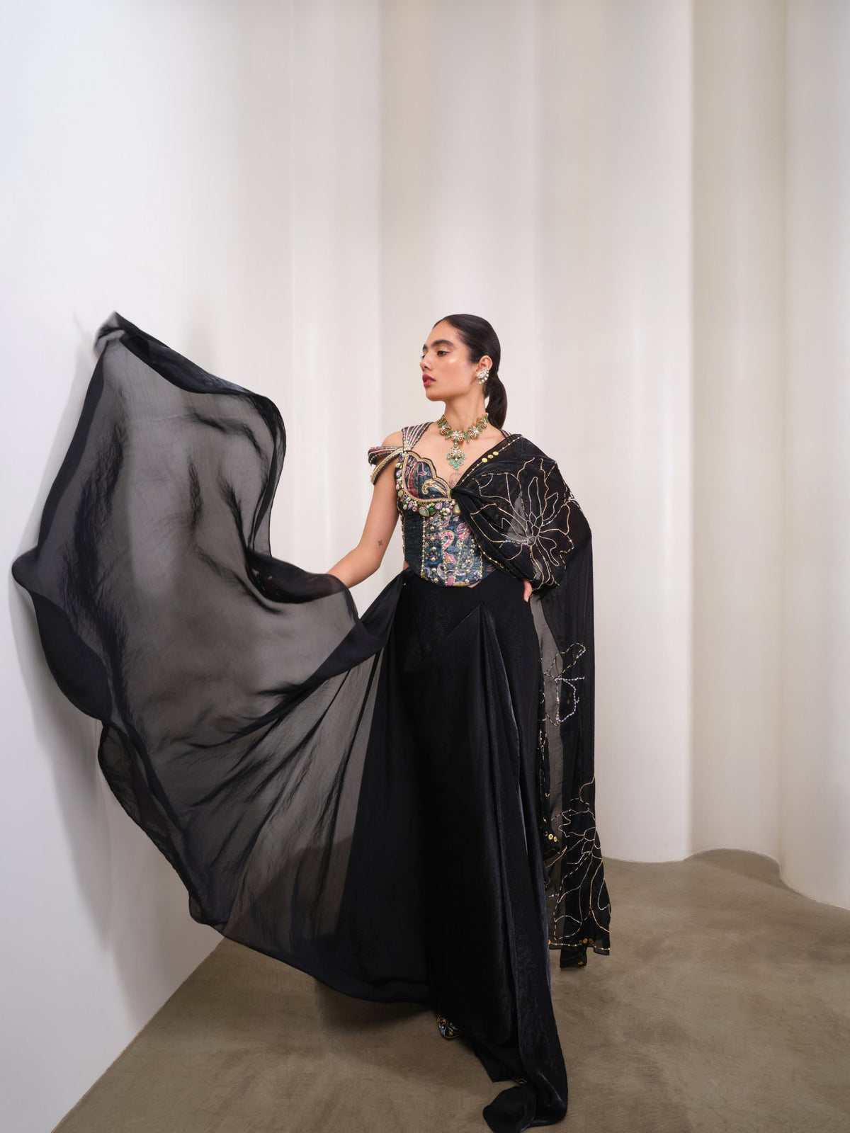 Midnight Muse – black saree set by Papa Don't Preach by Shubhika