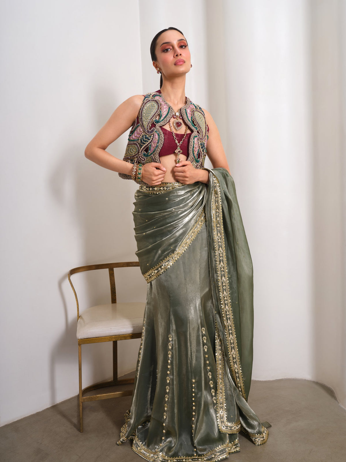 Olive Noir Affair – green / wine saree set by Papa Don't Preach by Shubhika