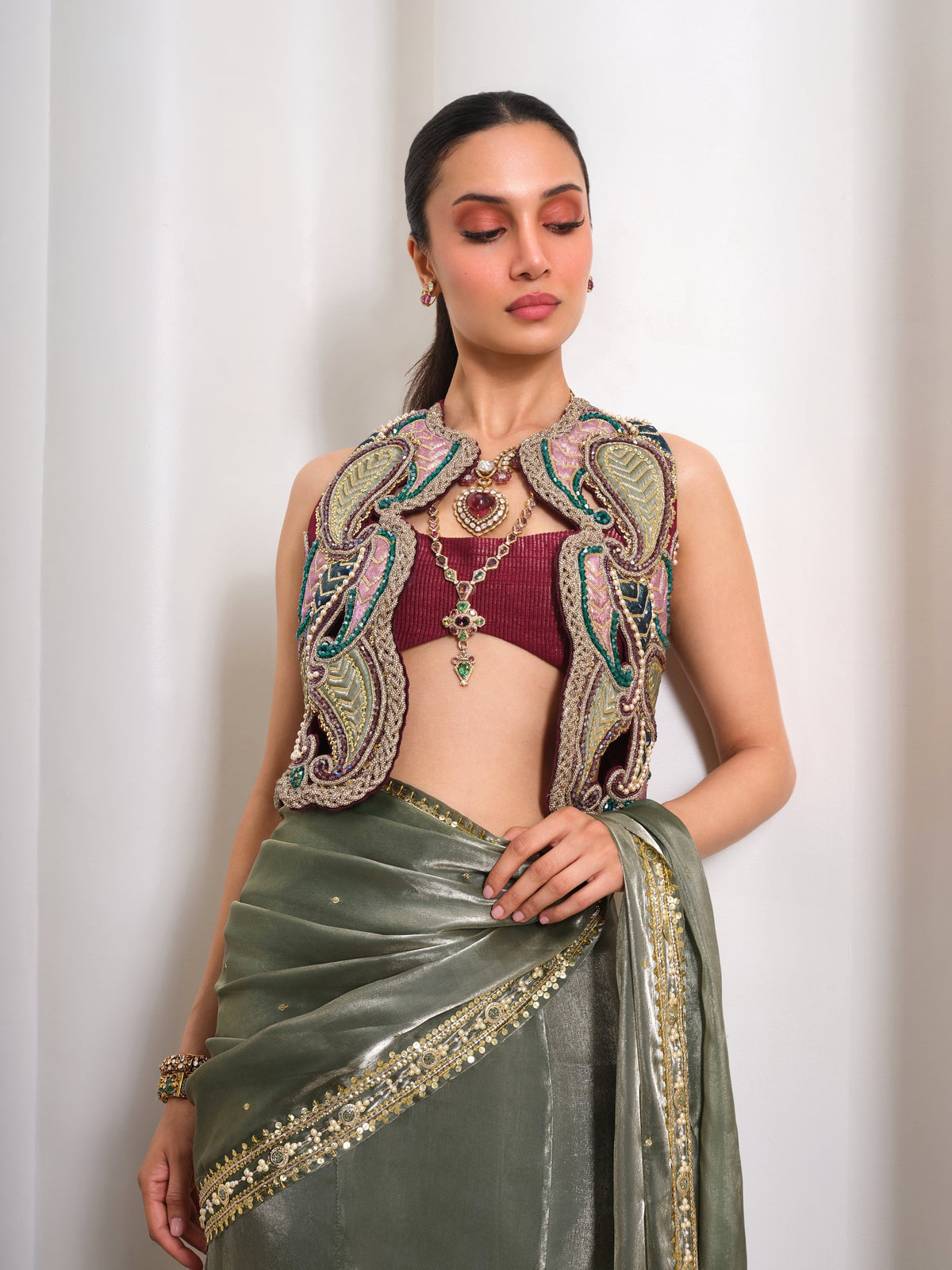 Olive Noir Affair – green / wine saree set by Papa Don't Preach by Shubhika