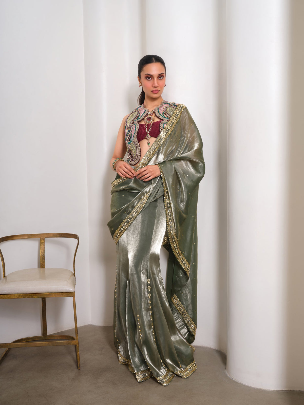 Olive Noir Affair – green / wine saree set by Papa Don't Preach by Shubhika