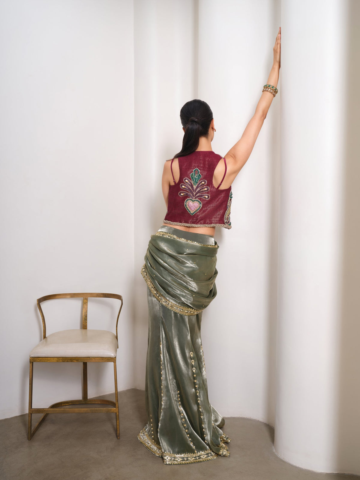 Olive Noir Affair – green / wine saree set by Papa Don't Preach by Shubhika