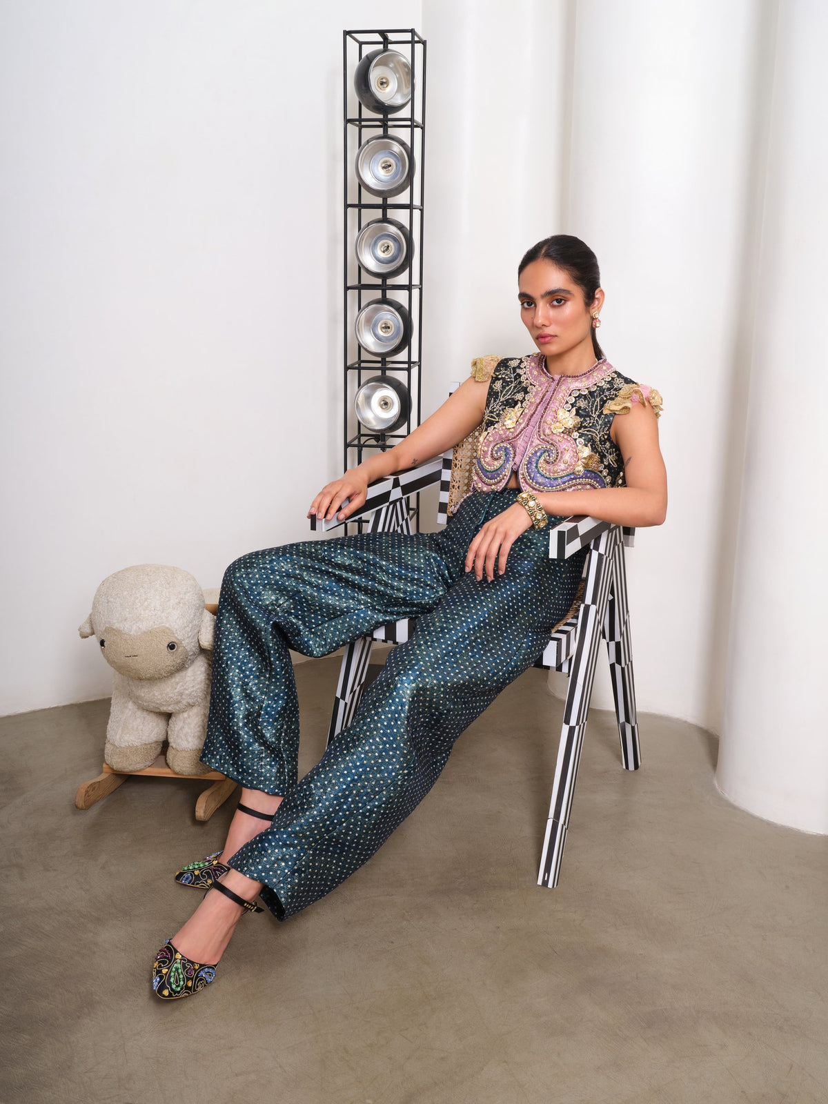 Crafted Chaos – black / teal jacket and pants set by Papa Don't Preach by Shubhika