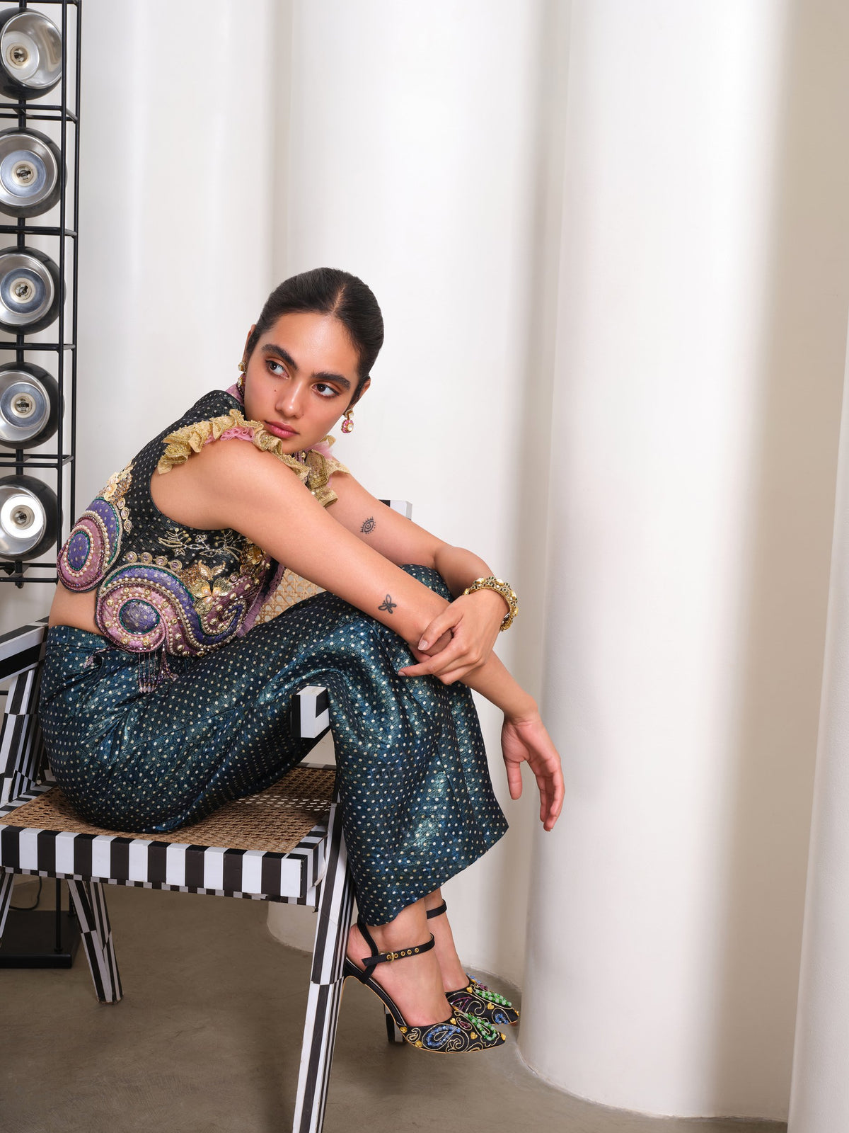Crafted Chaos – black / teal jacket and pants set by Papa Don't Preach by Shubhika