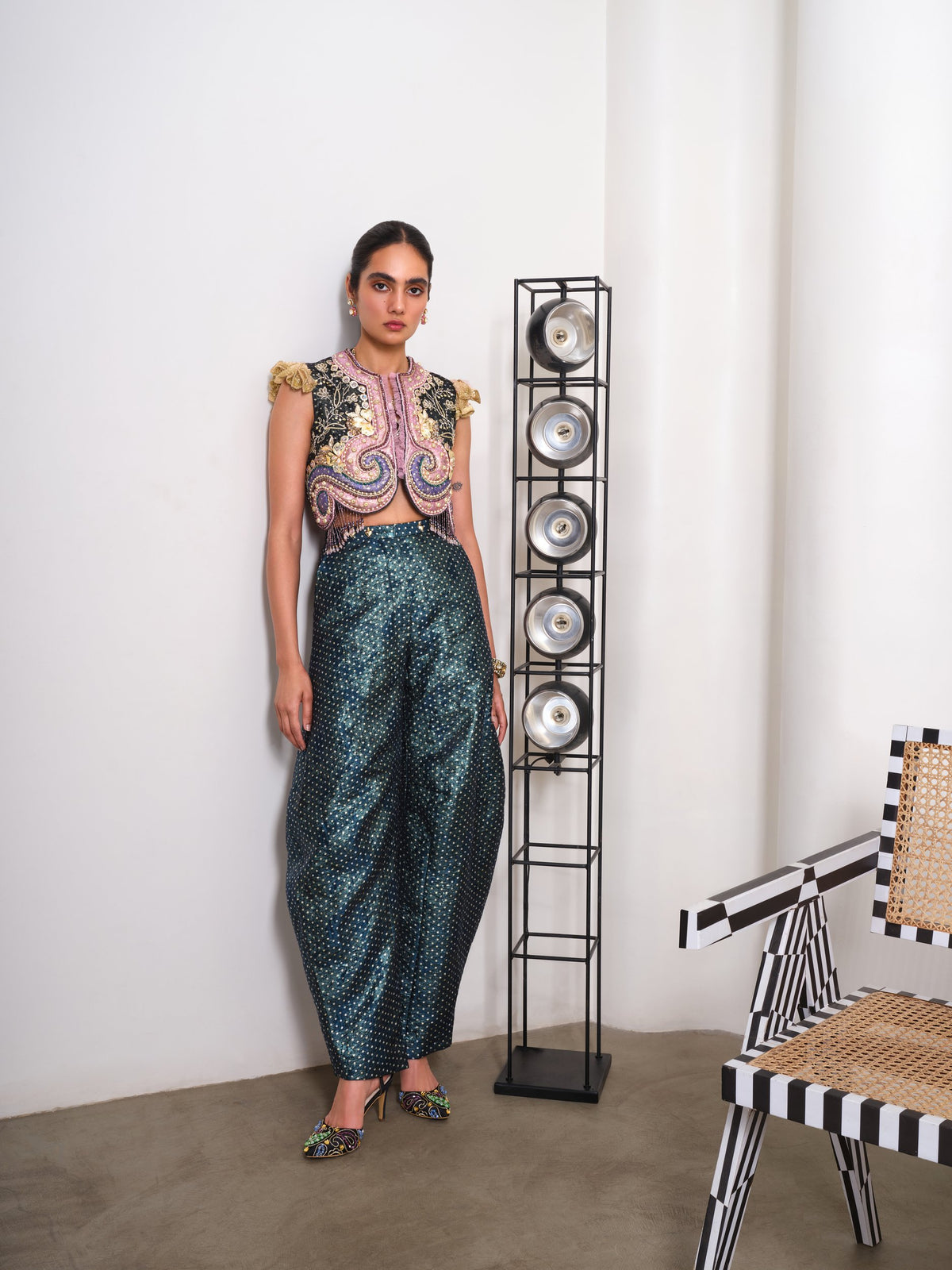 Crafted Chaos – black / teal jacket and pants set by Papa Don't Preach by Shubhika