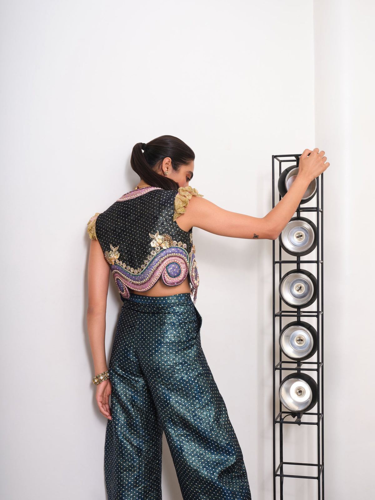 Crafted Chaos – black / teal jacket and pants set by Papa Don't Preach by Shubhika