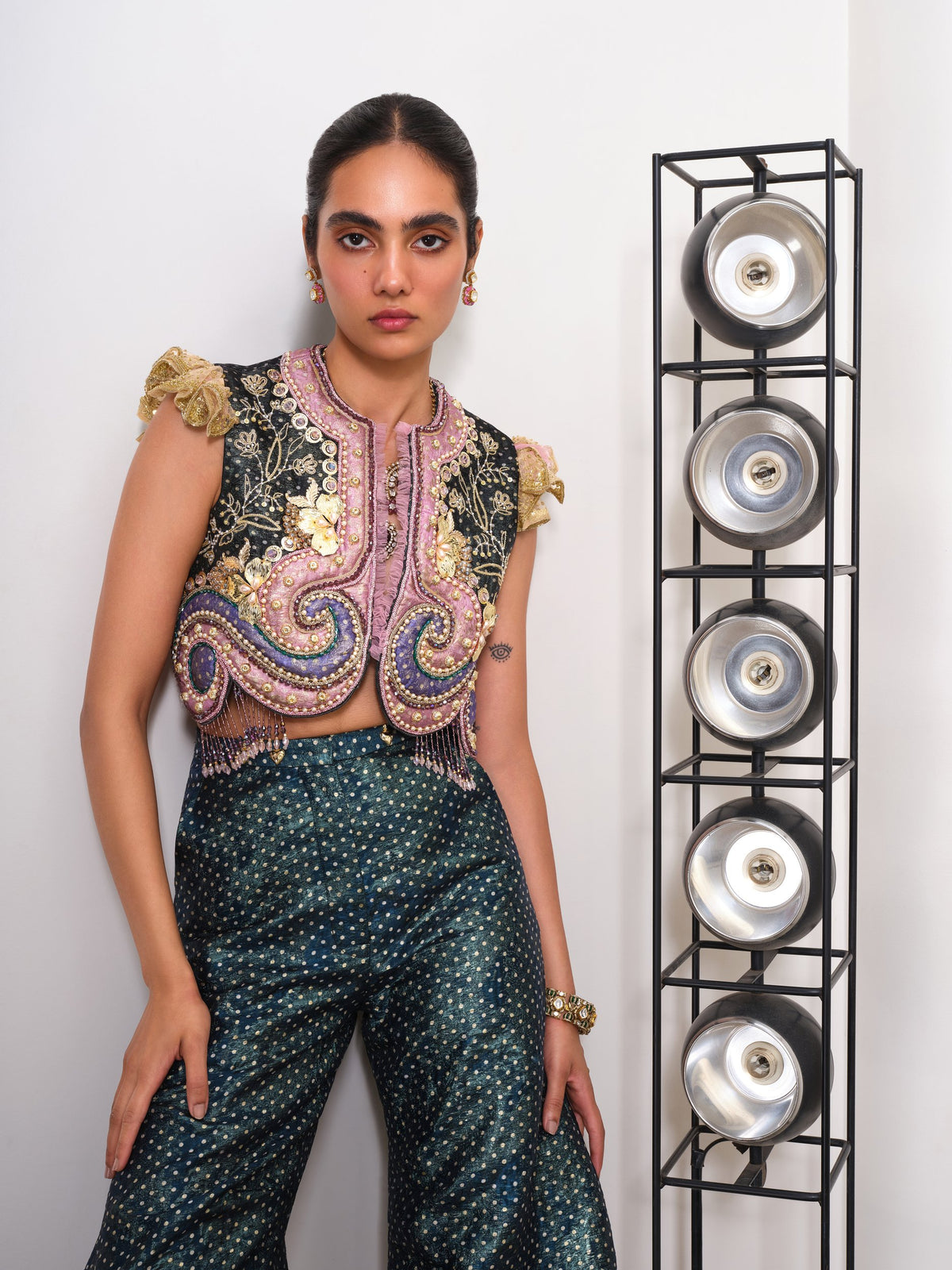 Crafted Chaos – black / teal jacket and pants set by Papa Don't Preach by Shubhika
