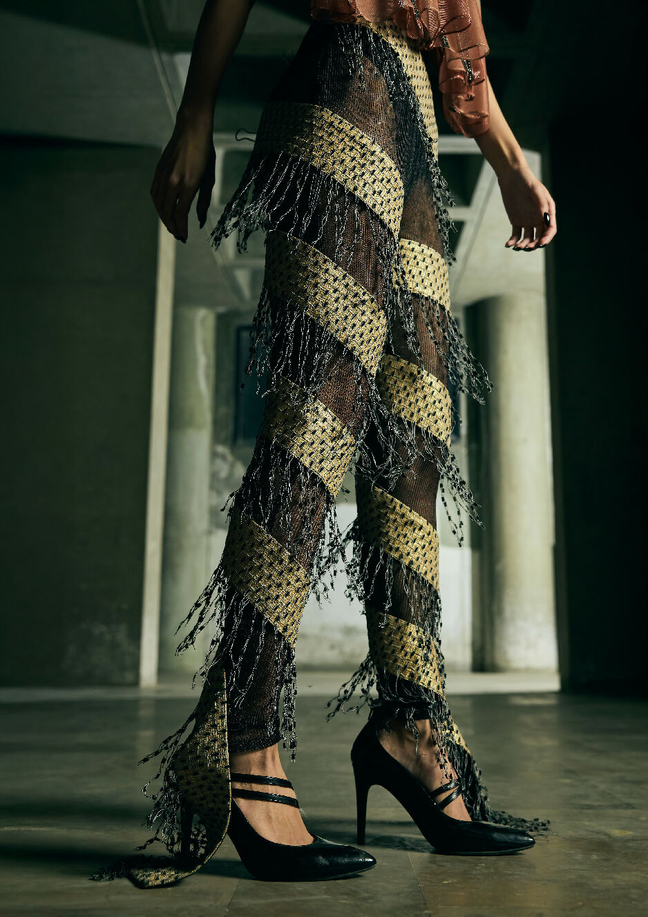 Handwoven spiral trousers with fringes
