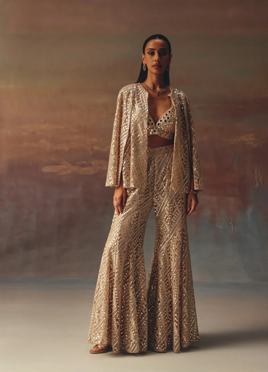 Golden Cape Sleeves Jacket, Bralette & Bootcut Pants Set by Twenty Nine