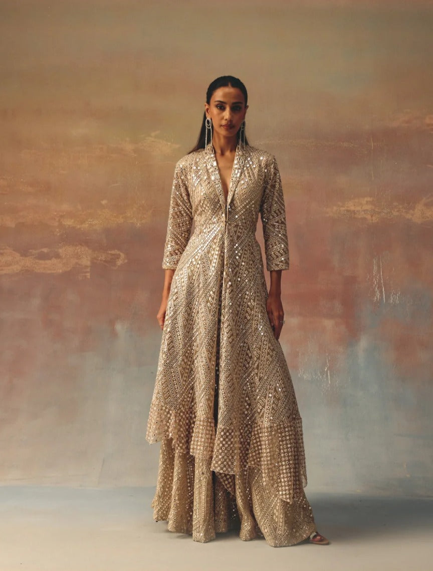 Light Gold Asymmetric Peplum Blazer & Flared Sharara Set by Twenty Nine