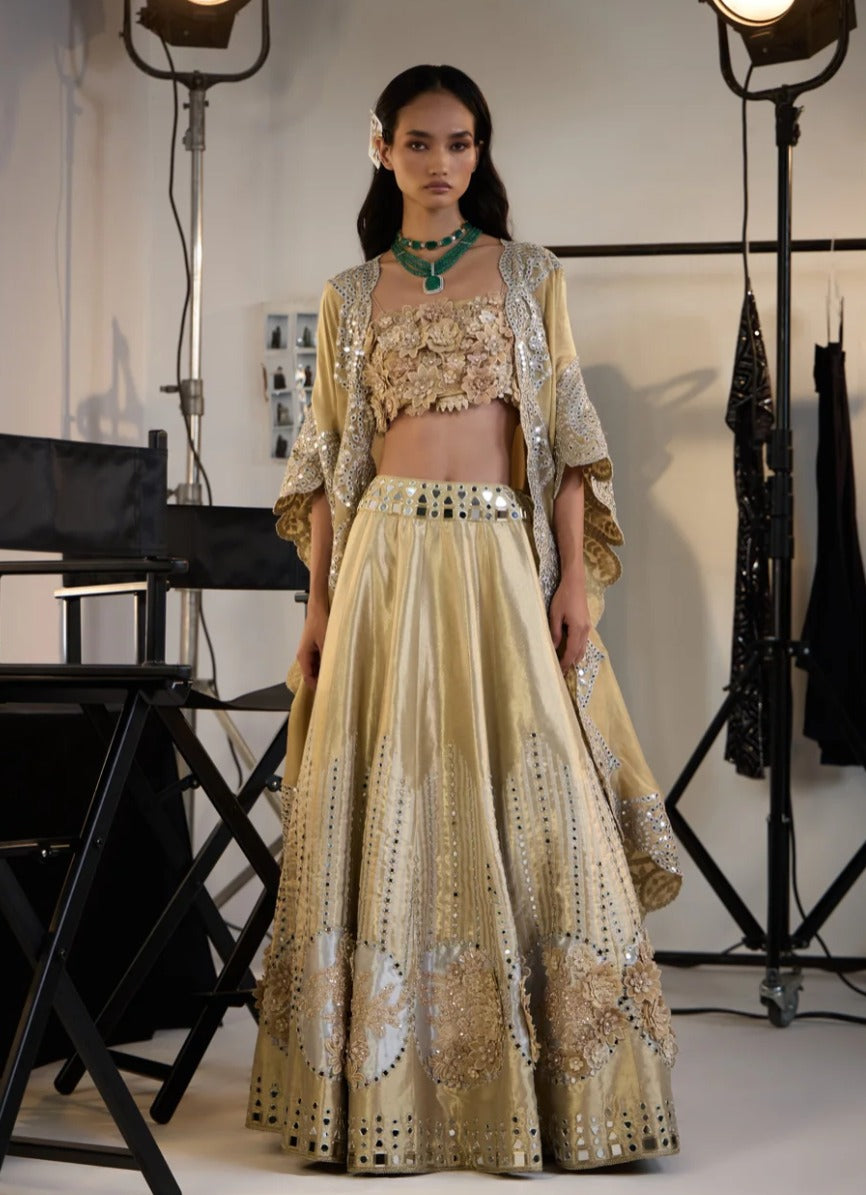 Golden Banarasi Brocade Lehenga Set With Cape by Twenty Nine