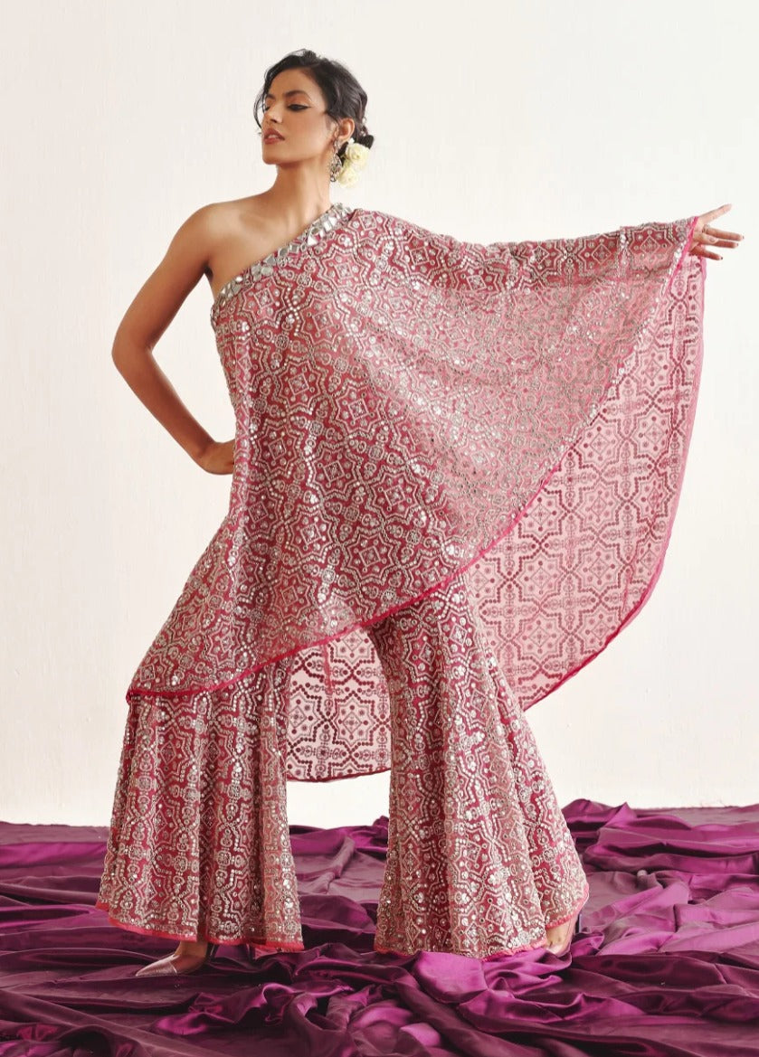 Pink Hexagon One Shoulder Cape & Hexagon Bootcut Pant Set by Twenty Nine