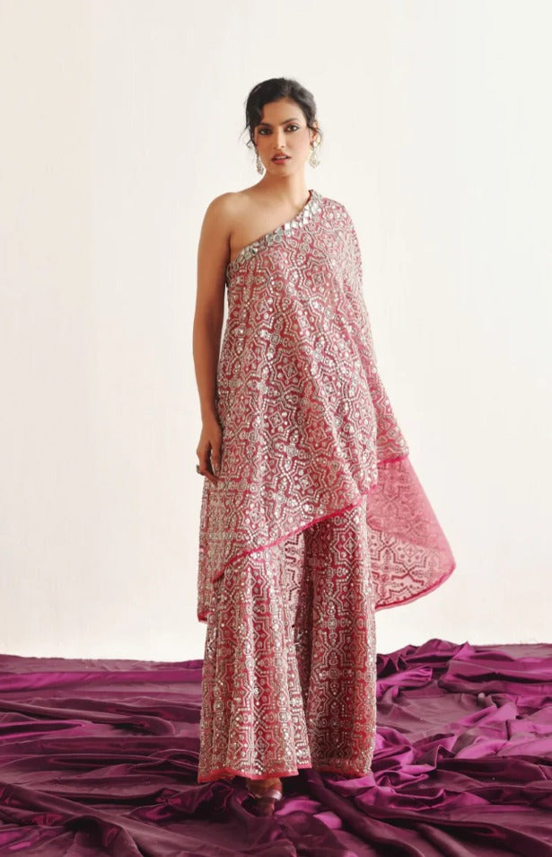 Pink Hexagon One Shoulder Cape & Hexagon Bootcut Pant Set by Twenty Nine