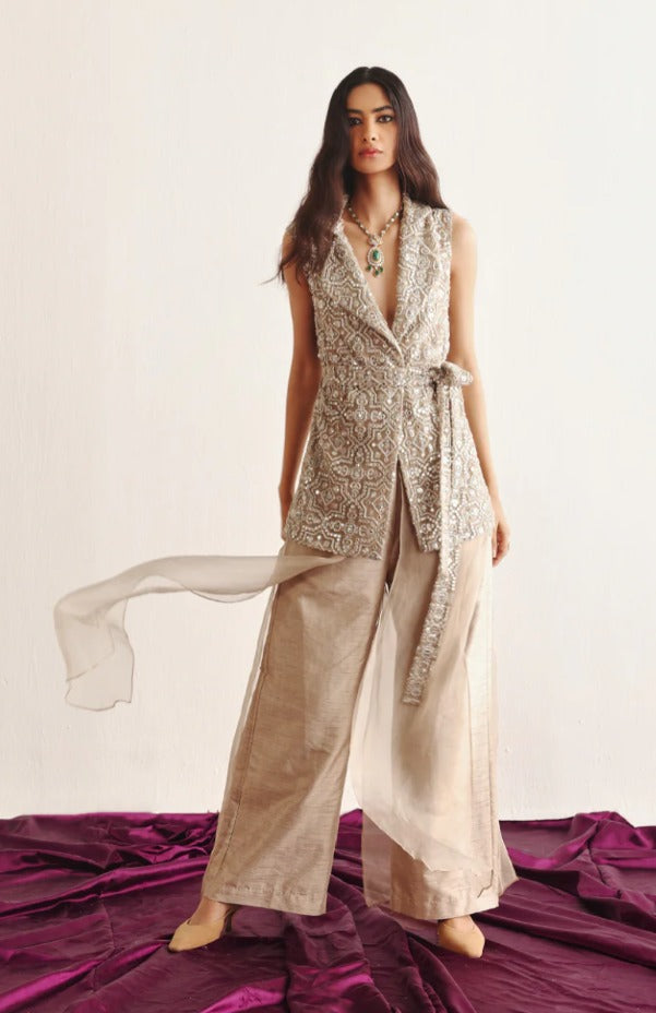 Light Gold Sleeveless Blazer & Double Layered Palazzos Set by Twenty Nine