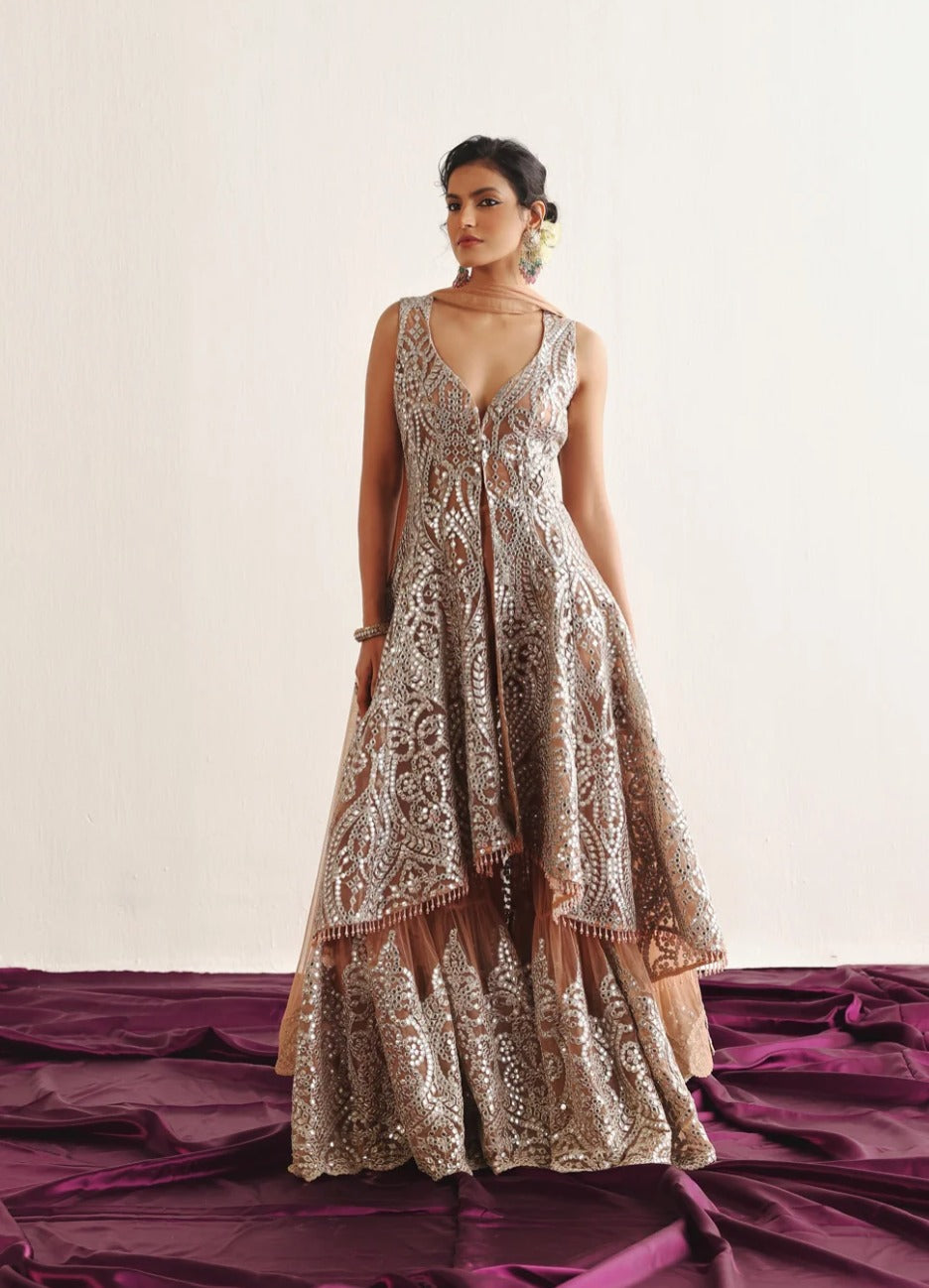 Dusty Pink Long Asymmetric Sleeveless Sherwani, Flared Sharara & Applique Dupatta Set by Twenty Nine
