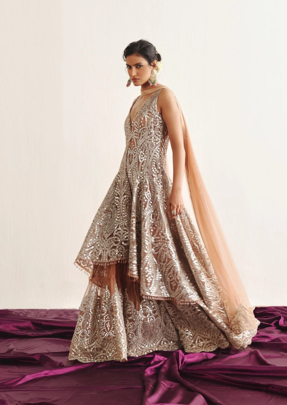 Dusty Pink Long Asymmetric Sleeveless Sherwani, Flared Sharara & Applique Dupatta Set by Twenty Nine