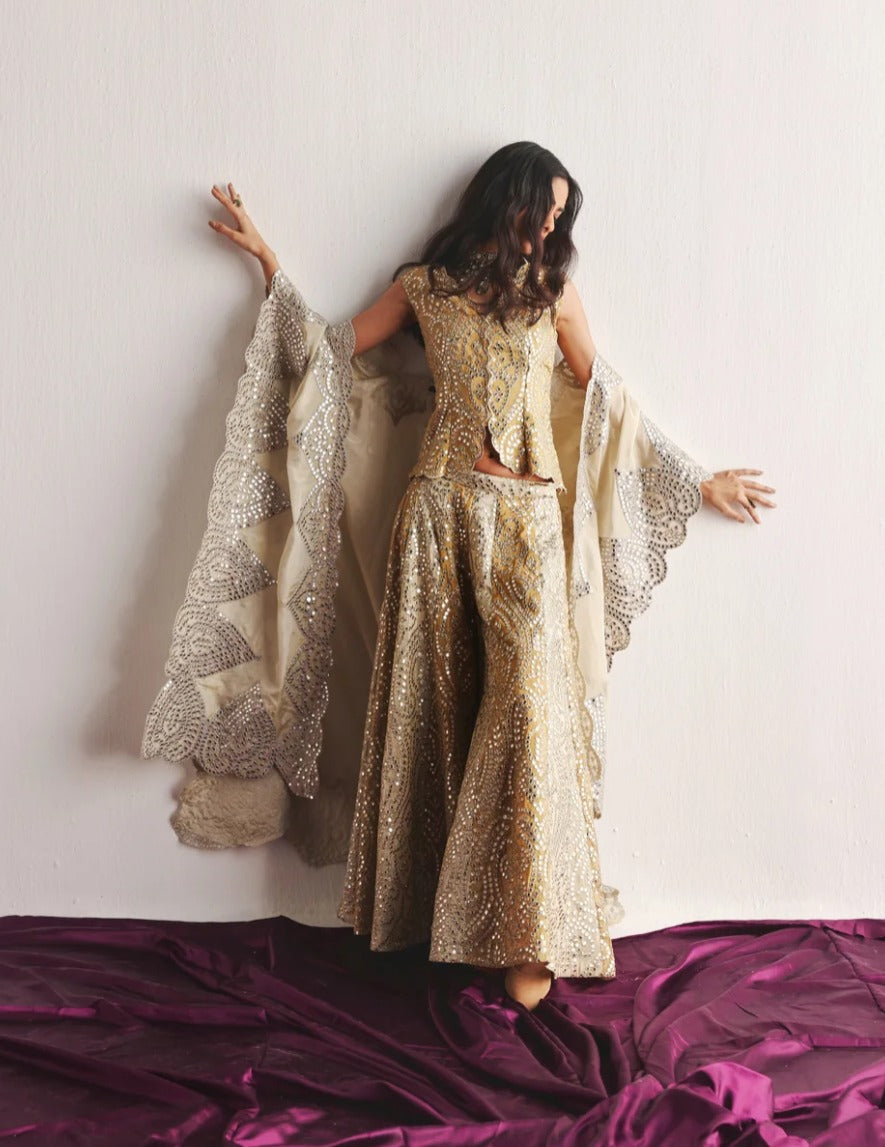 Golden Yellow Gilet, Dual Color Flared Sharara & Cape Set by Twenty Nine