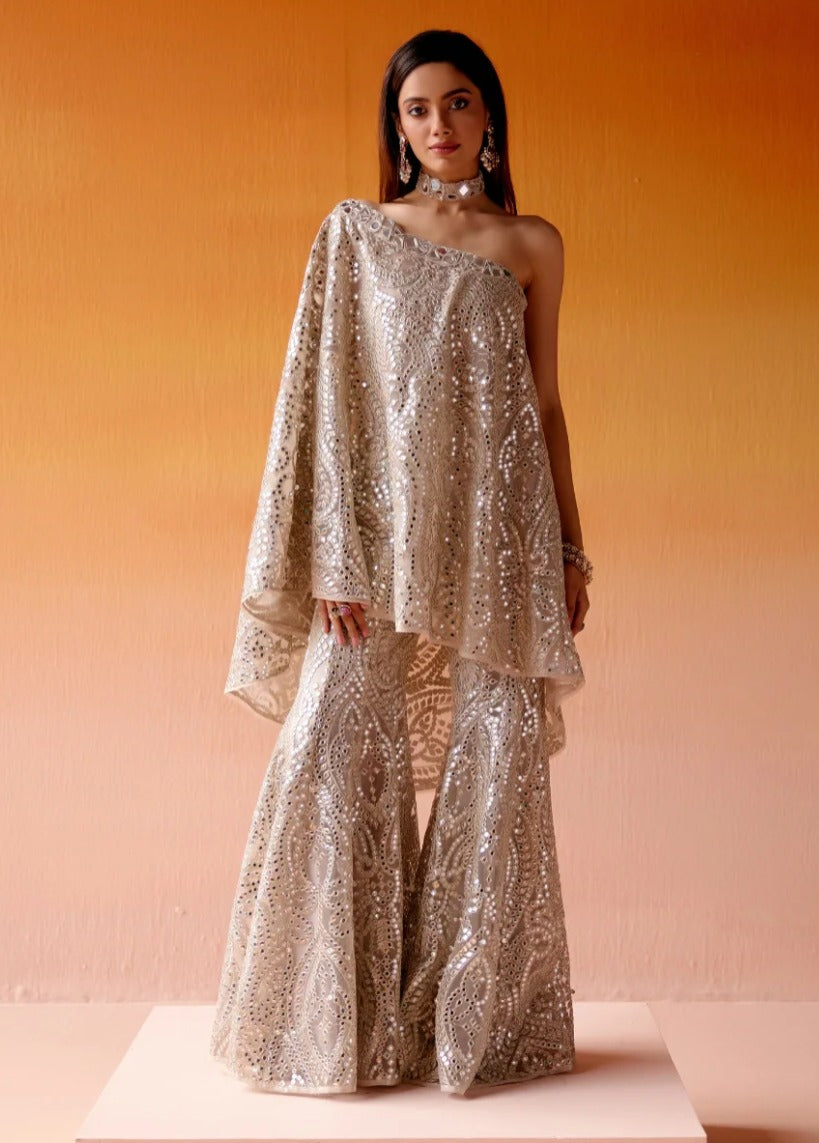 Silver Mirrorwork One Shoulder Strap Cape & Bootcut Pants Set by Twenty Nine
