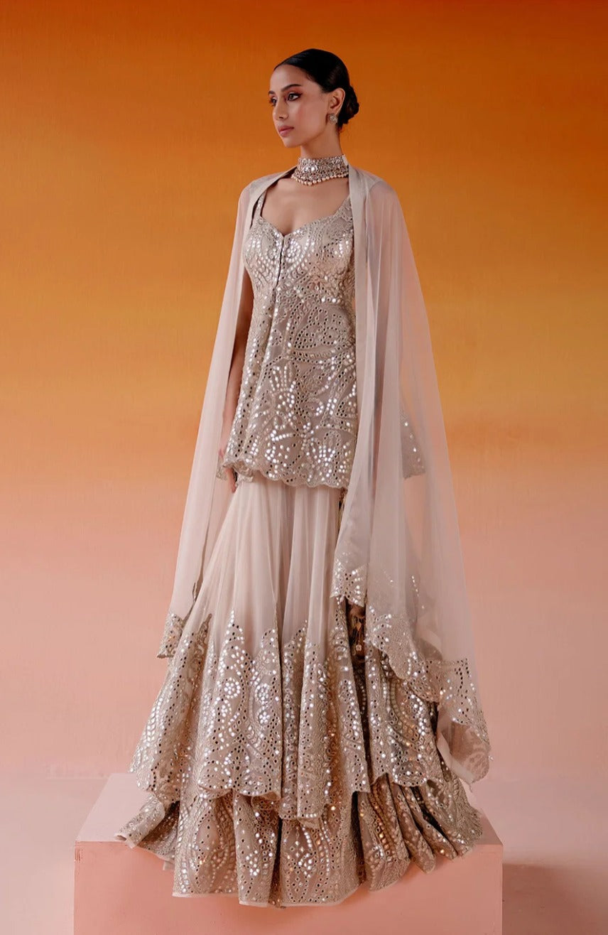 Silver Layered Lehenga Set by Twenty Nine