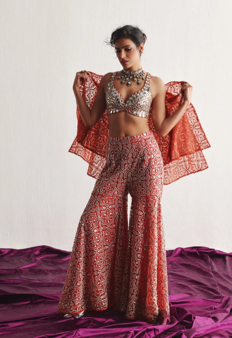 Rust Cape Sleeves Jacket, Mirrorwork Bralette & Sharara Set by Twenty Nine