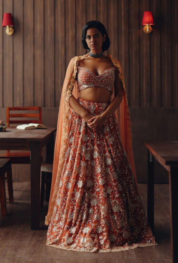 Rust Beaded Blossom Lehenga Set by Twenty Nine