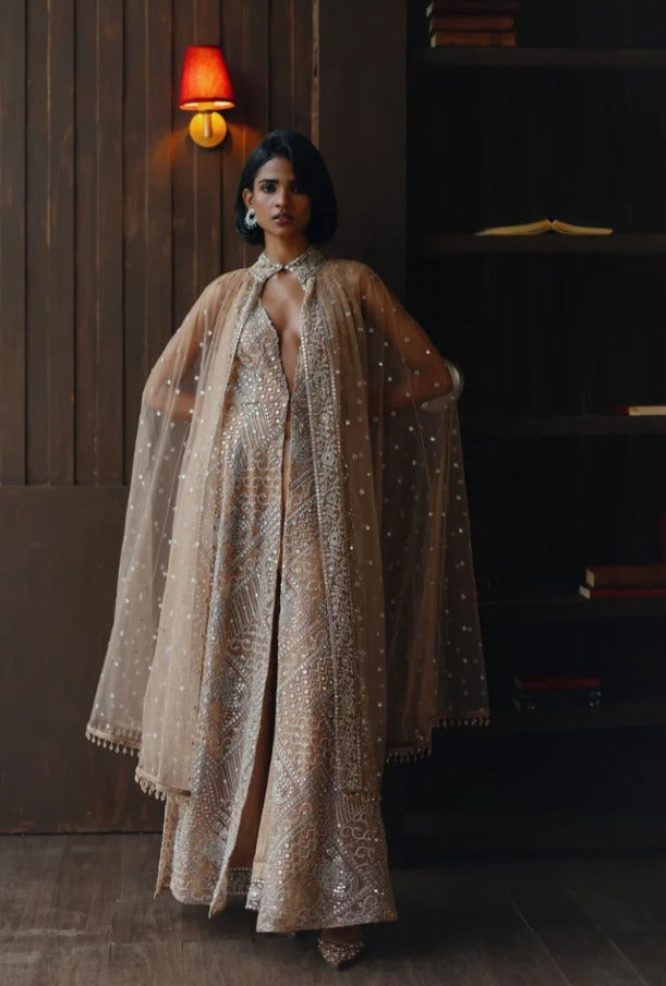 Light Gold V Neck Long Jacket, Palazzos & Shoulder Cape Set by Twenty Nine