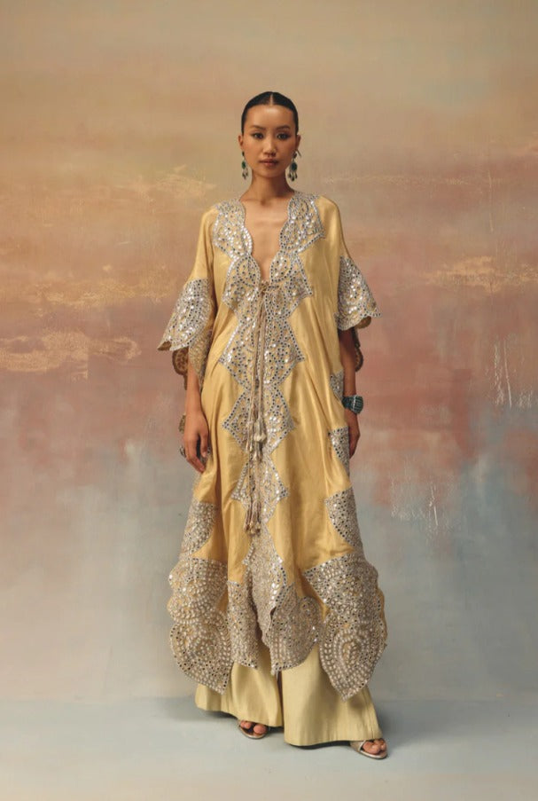 Golden Kaftan With Tassels & Brocade Palazzos Set by Twenty Nine