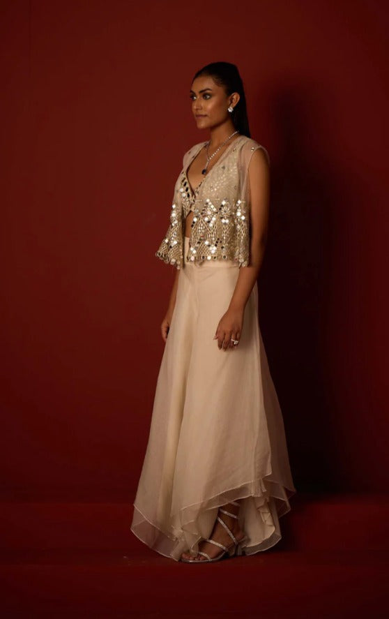 Ivory Asymmetrical Jacket, Bralette & Organza Asymmetrical Flared Pants Set by Twenty Nine