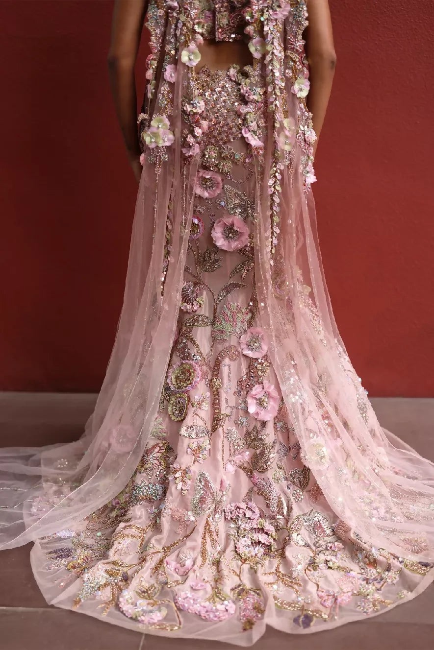 Lila Floral Lehenga in Mocha Mousse & Peppermint Pink