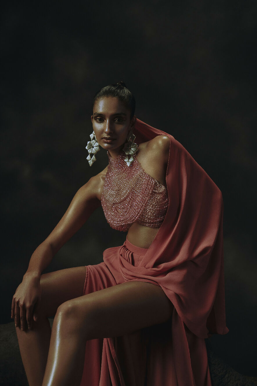 Pink Ombre Bead Blouse with Palazzo Pants & draped pallu