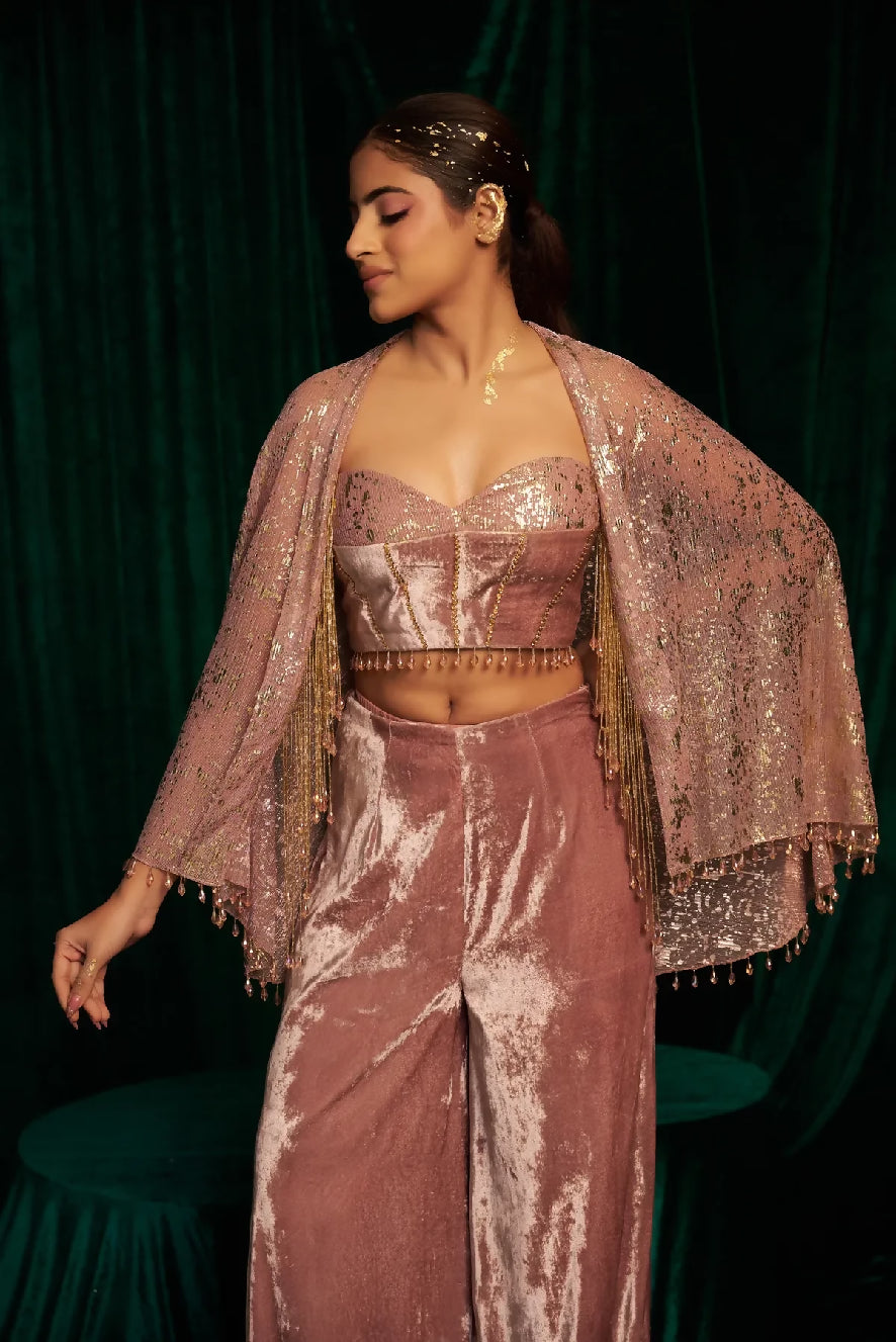 Velvet Flare Pants And Blouse Paired With Cape Jacket