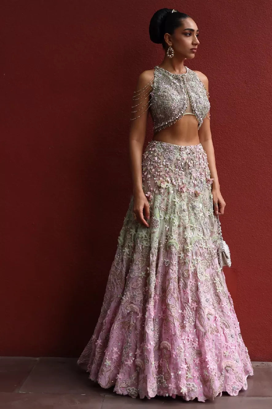 Sakura Lehenga Set Pastel Green & Peppermint Pink