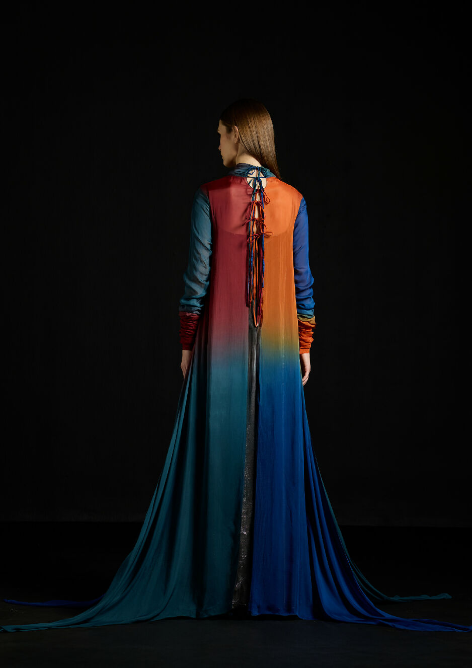 Collared Gradient Chiffon Cape Dress