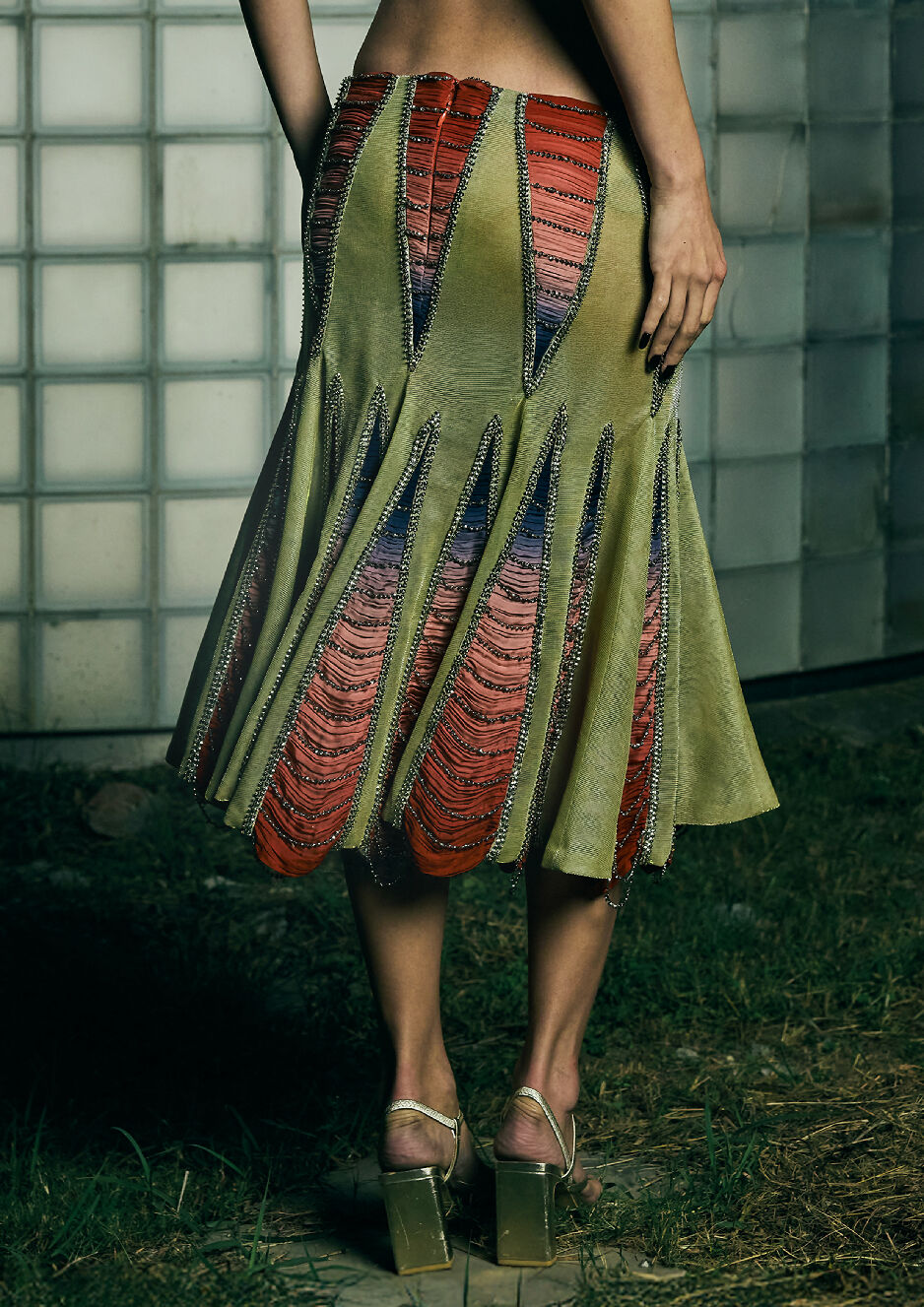 Gilded Blood-Red Godet Skirt