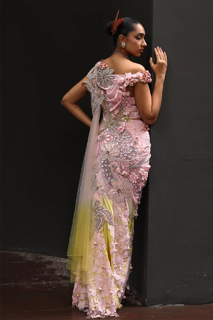 Solai One-Shoulder Pre-Draped Saree in Pink & Yellow