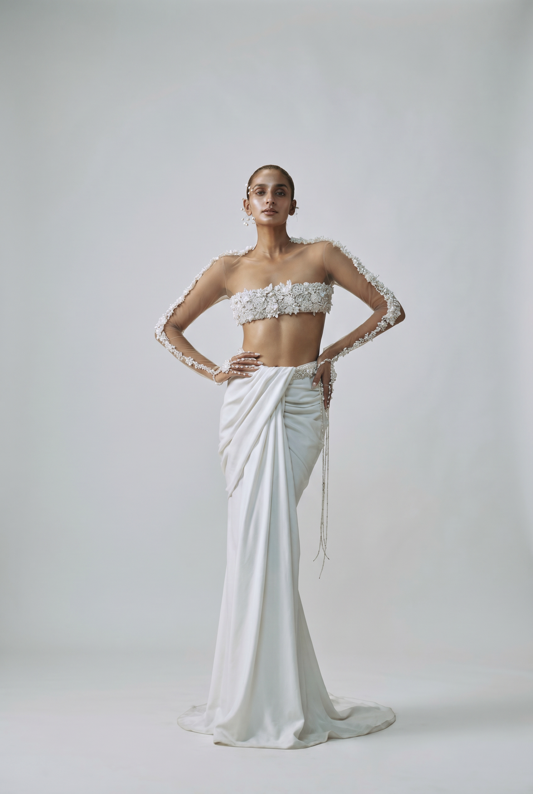 Drape Skirt with 3D Floral Embroidered Glove Blouse