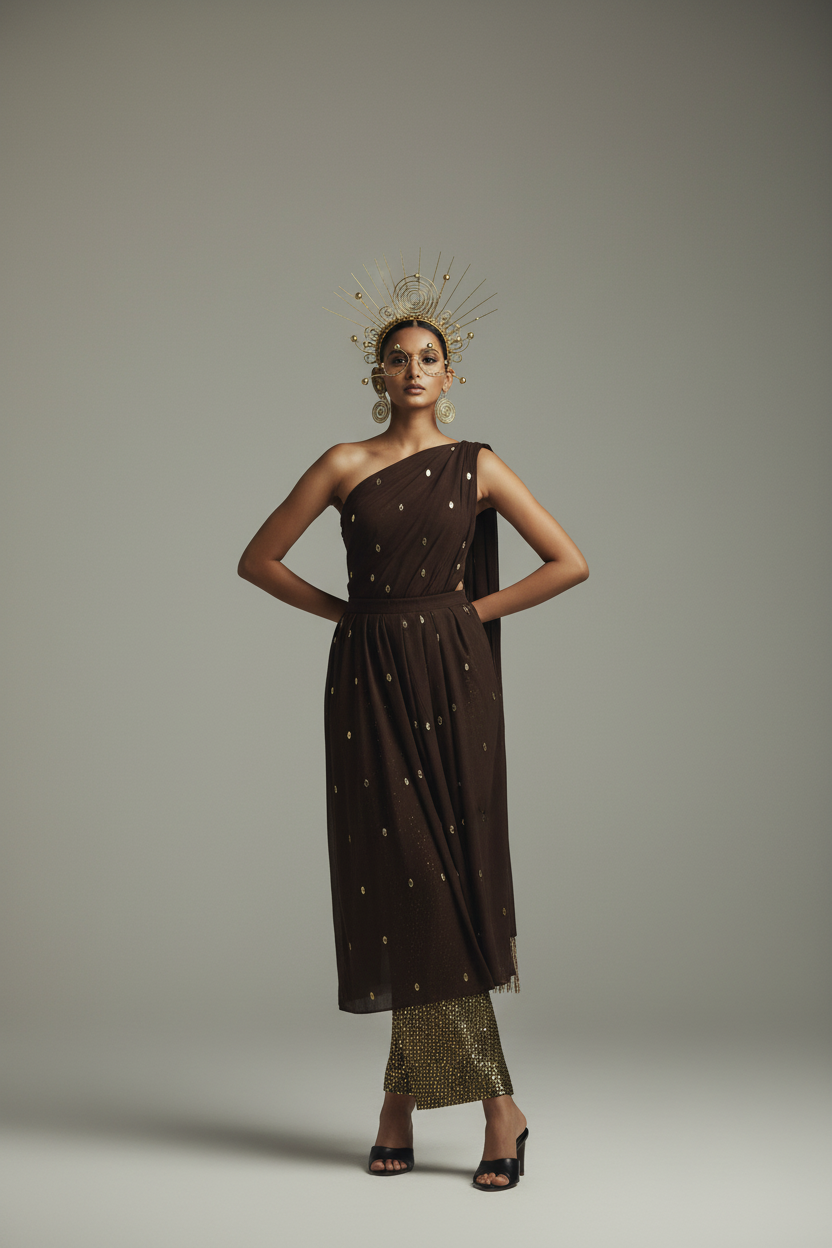 Cocoa Brown Polka bead Embroidered Anarkali + Metallic bead Encrusted pants