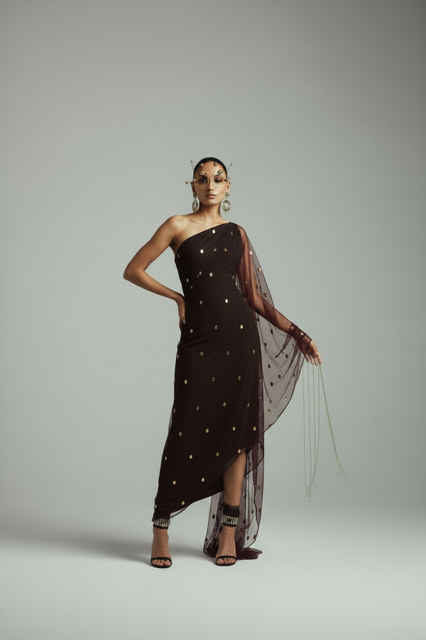 Cocoa Brown Polka Bead Embroidered Kaftan Saree + Churidar