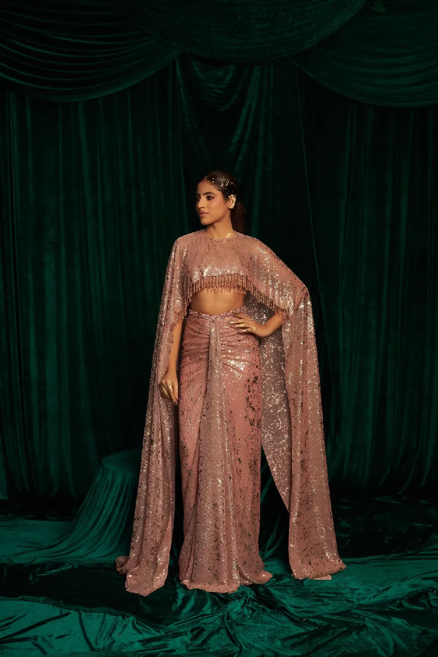 Drape Skirt With Long Cape Set