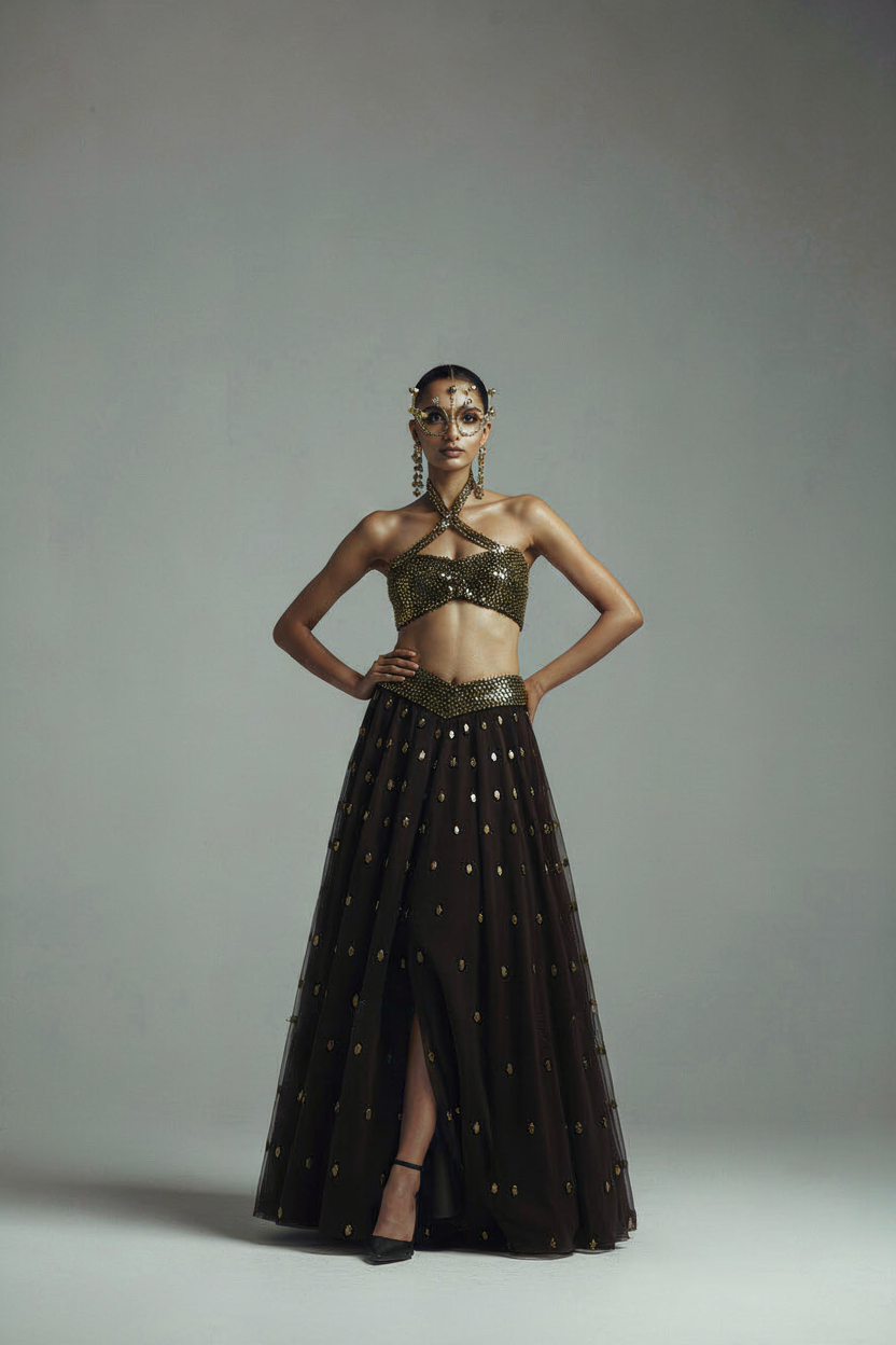 Metallic Bead Embroidered Multipurpose strap Blouse with Lehenga