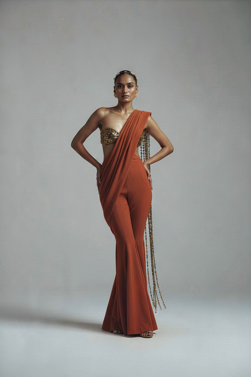 Rust Jumpsuit with Bead Pallu