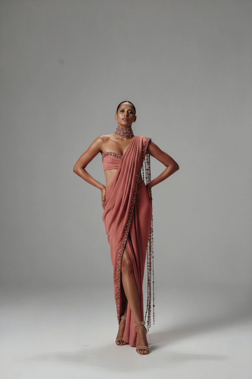 Pink Pre stitched Saree with Holographic Bead Pallu & Bustier Embroidered Blouse
