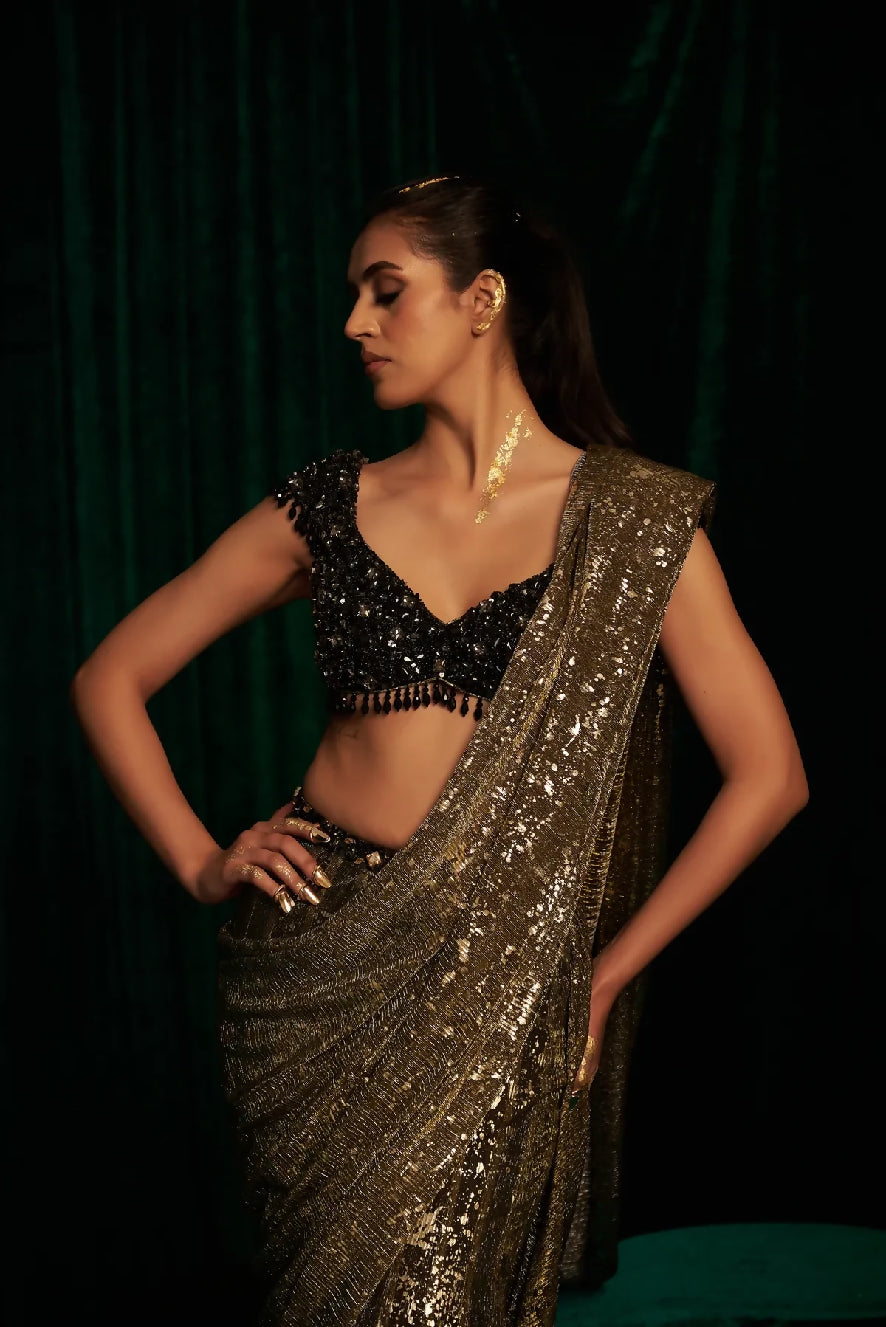Black embroidered Blouse with Fishtail Saree